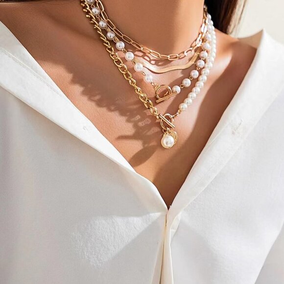 Gold Layered Necklace Set for Women Pearl Paperclip Chain Herringbone Jewelry - Picture 4 of 8